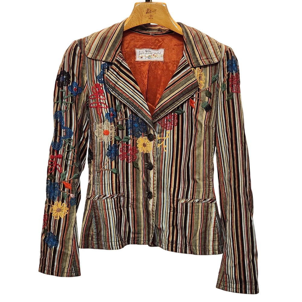 Johnny Was Embroidered Striped Corduroy Blazer Jacket Multi Color Boho Med
